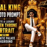 Royal King AI Portrait featuring a luxury golden throne, royal palace background, premium gold blazer, cinematic lighting, and ultra-realistic fashion photography.