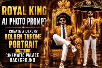 Royal King AI Portrait featuring a luxury golden throne, royal palace background, premium gold blazer, cinematic lighting, and ultra-realistic fashion photography.