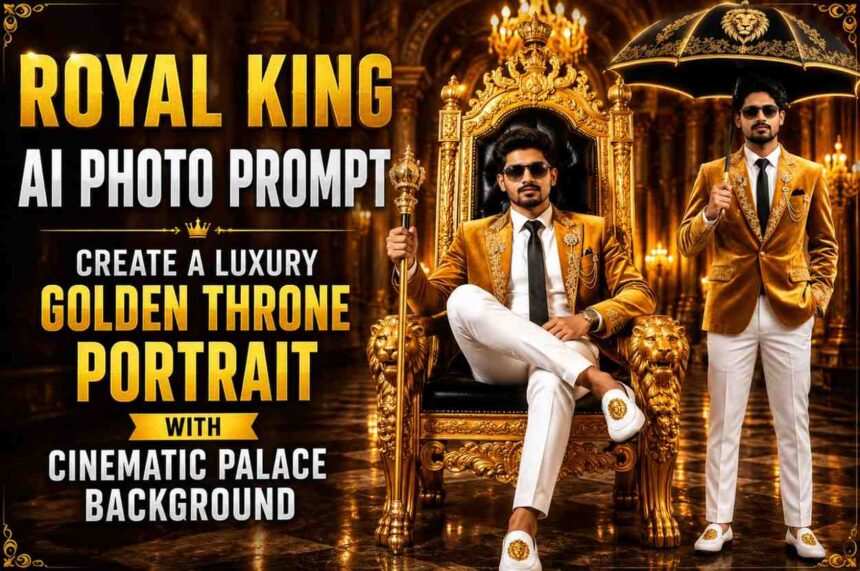 Royal King AI Portrait featuring a luxury golden throne, royal palace background, premium gold blazer, cinematic lighting, and ultra-realistic fashion photography.