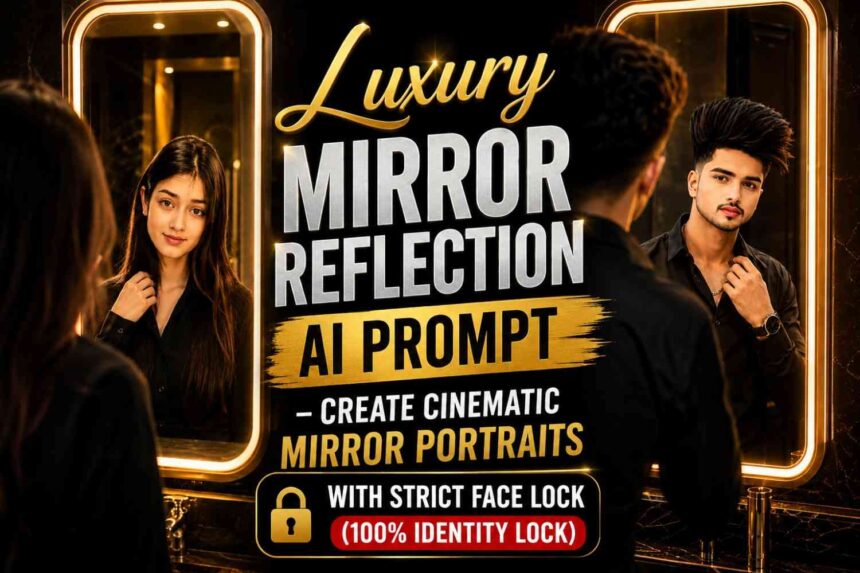 Luxury Mirror Reflection AI Prompt for ChatGPT Images with 100% Identity Lock Cinematic Mirror Portrait AI Prompt with Strict Face Lock and Luxury Lighting Ultra Realistic Mirror Reflection AI Portrait Prompt for Google Gemini
