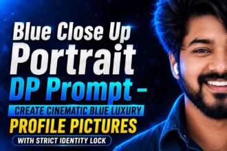 Blue Close Up Portrait DP AI Prompt featuring cinematic midnight blue lighting, half-face composition, strict identity lock, luxury editorial Instagram profile picture in ultra-realistic 16K quality.