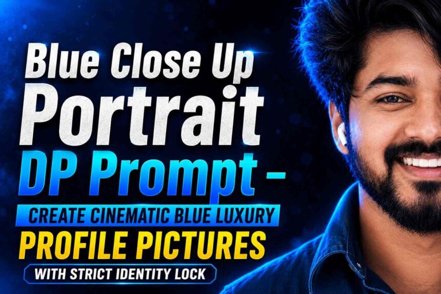 Blue Close Up Portrait DP AI Prompt featuring cinematic midnight blue lighting, half-face composition, strict identity lock, luxury editorial Instagram profile picture in ultra-realistic 16K quality.